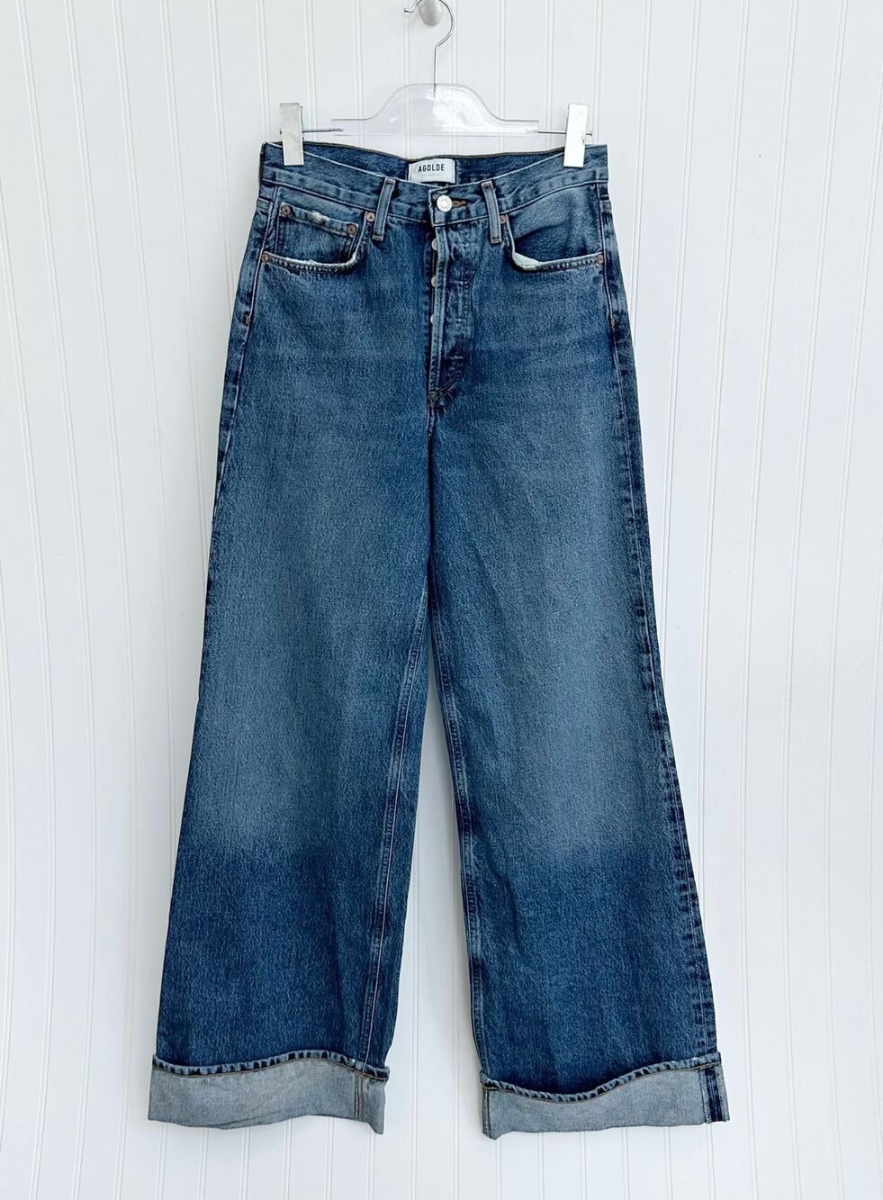 Agolde Dame Wide Leg Cuffed Jeans High Rise Denim Trouser Size 26 Tall Long